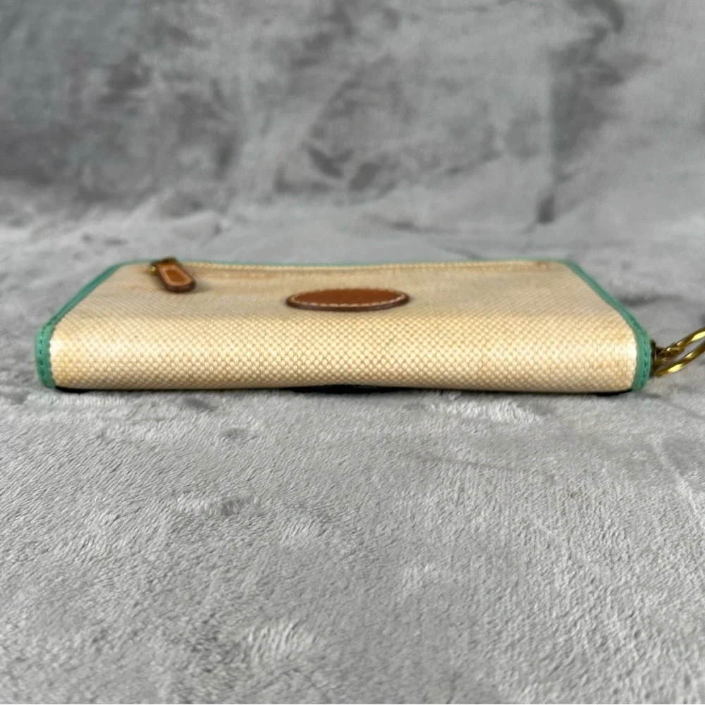 Fossil Zip‎ Around Woven Canvas Wallet Polka Dots Beige Tan With Turquoise Flaws